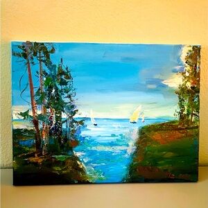 Serene Blue Coastal Landscape Canvas Art. Acrylic, Unsigned 16”x 12”